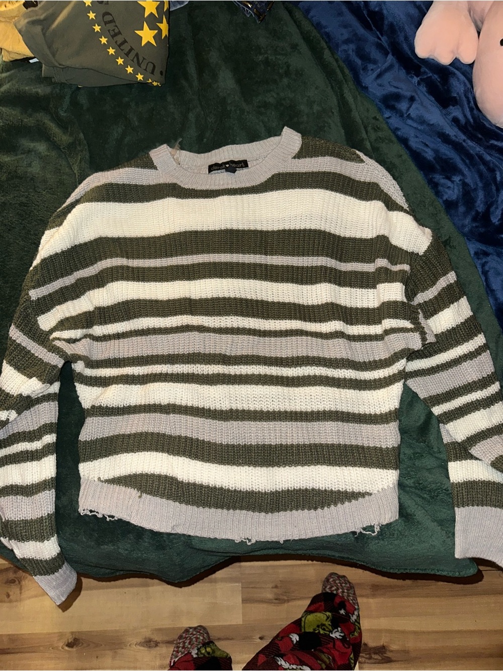 Derek Heart Olive Green & Cream Striped Crewneck Sweater